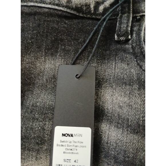 Nova Mens Black Jeans Sz 42 Switch Up The Flow Stacked Slim Fade Detail Distress - Picture 3 of 16